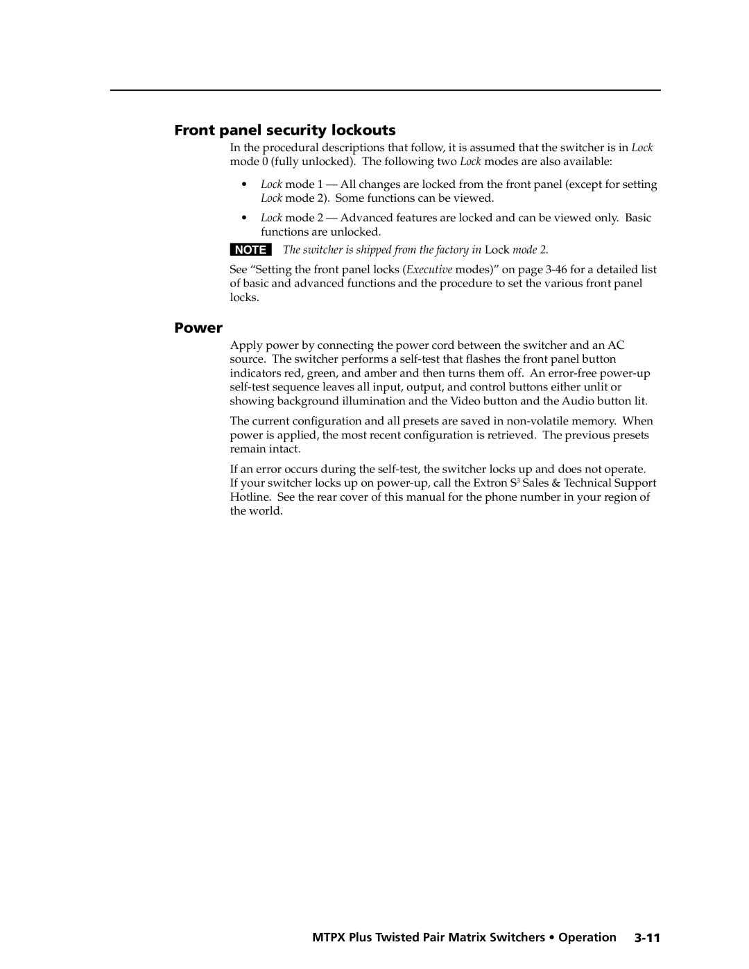 Extron electronic MTPX Plus Series manual Front panel security lockouts, Power 