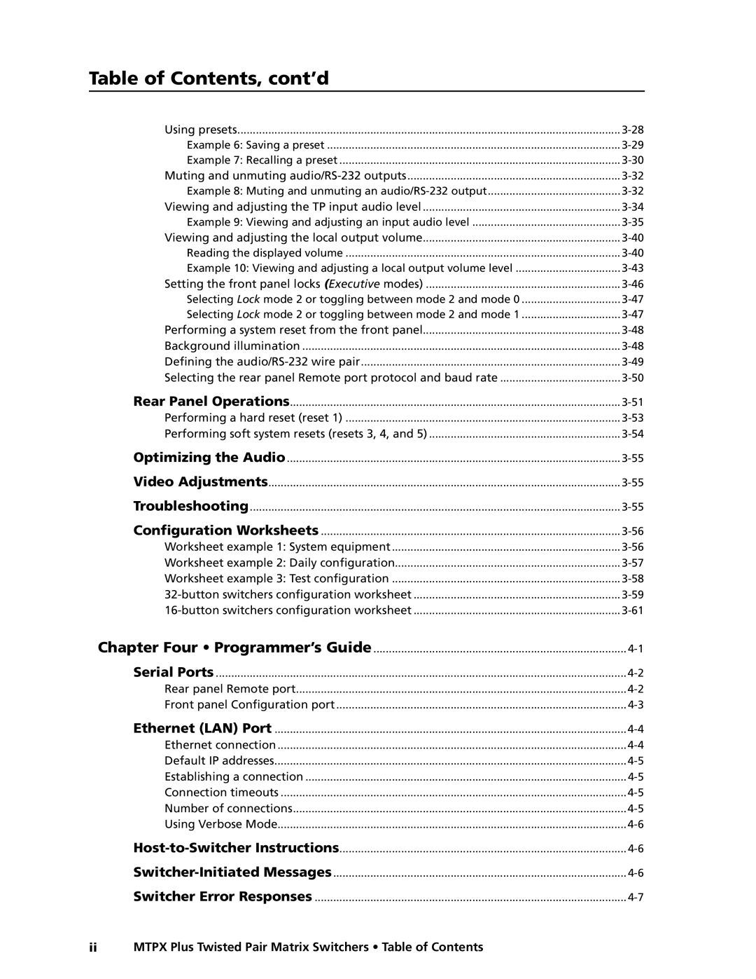 Extron electronic MTPX Plus Series manual Table of Contents, cont’d 