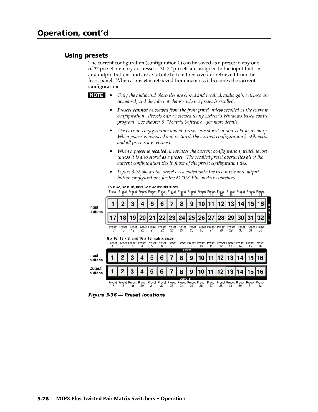 Extron electronic MTPX Plus Series manual Using presets, 16 x 32, 32 x 16, and 32 x 32 matrix sizes 