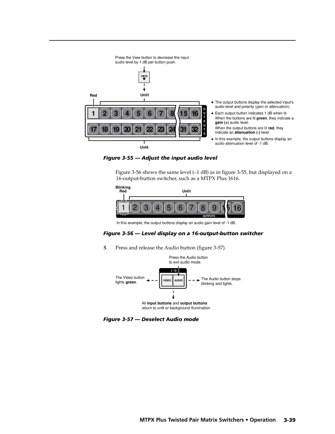 Extron electronic MTPX Plus Series manual Adjust the input audio level, Press and release the Audio button figure 