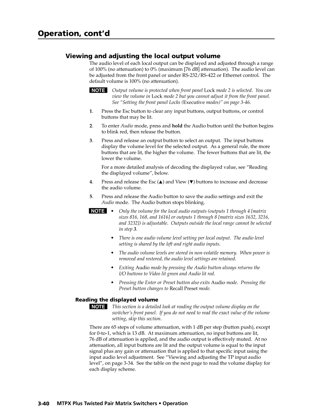 Extron electronic MTPX Plus Series manual Viewing and adjusting the local output volume, Reading the displayed volume 