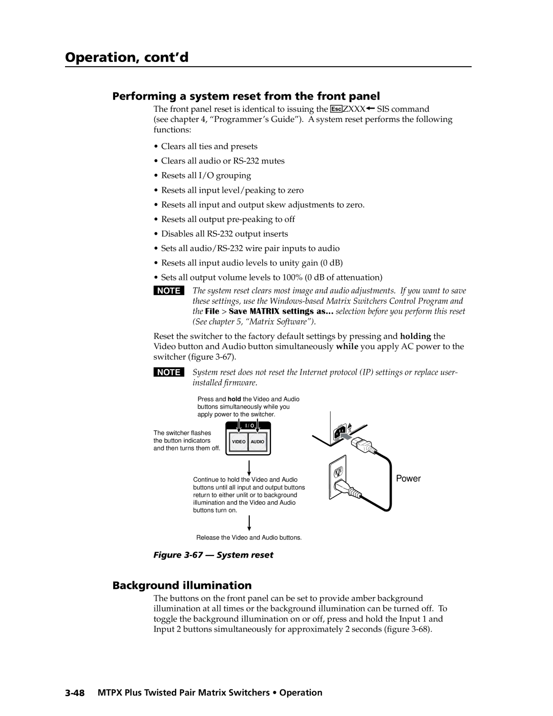 Extron electronic MTPX Plus Series manual Performing a system reset from the front panel, Background illumination 