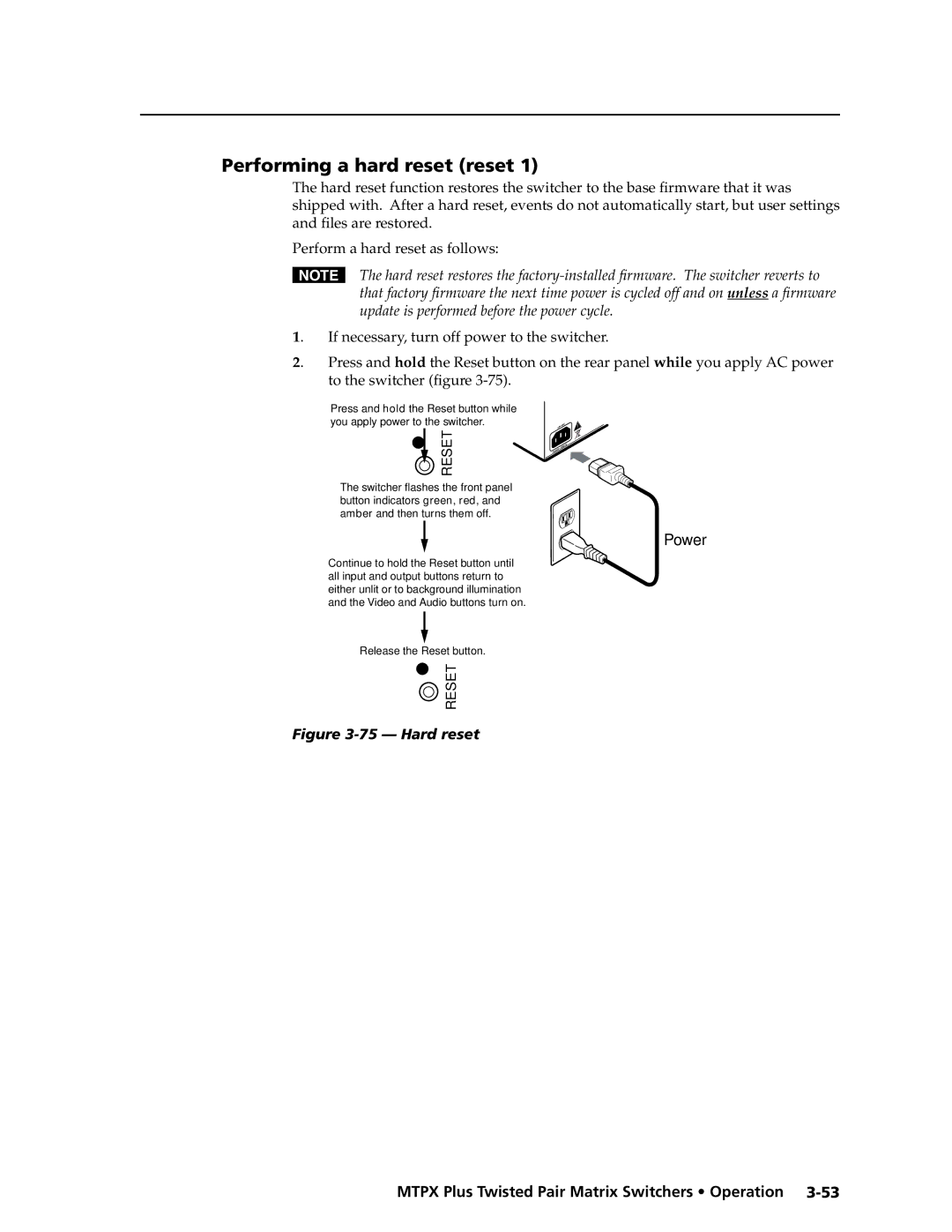 Extron electronic MTPX Plus Series manual Performing a hard reset reset, If necessary, turn off power to the switcher 