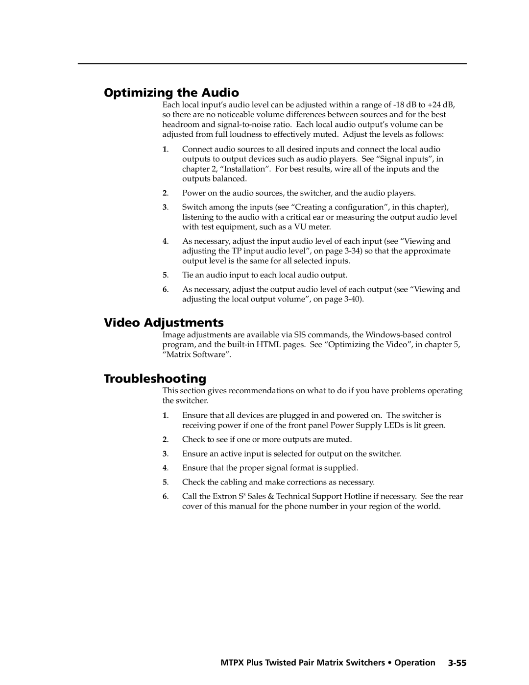 Extron electronic MTPX Plus Series manual Optimizing the Audio, Video Adjustments, Troubleshooting 