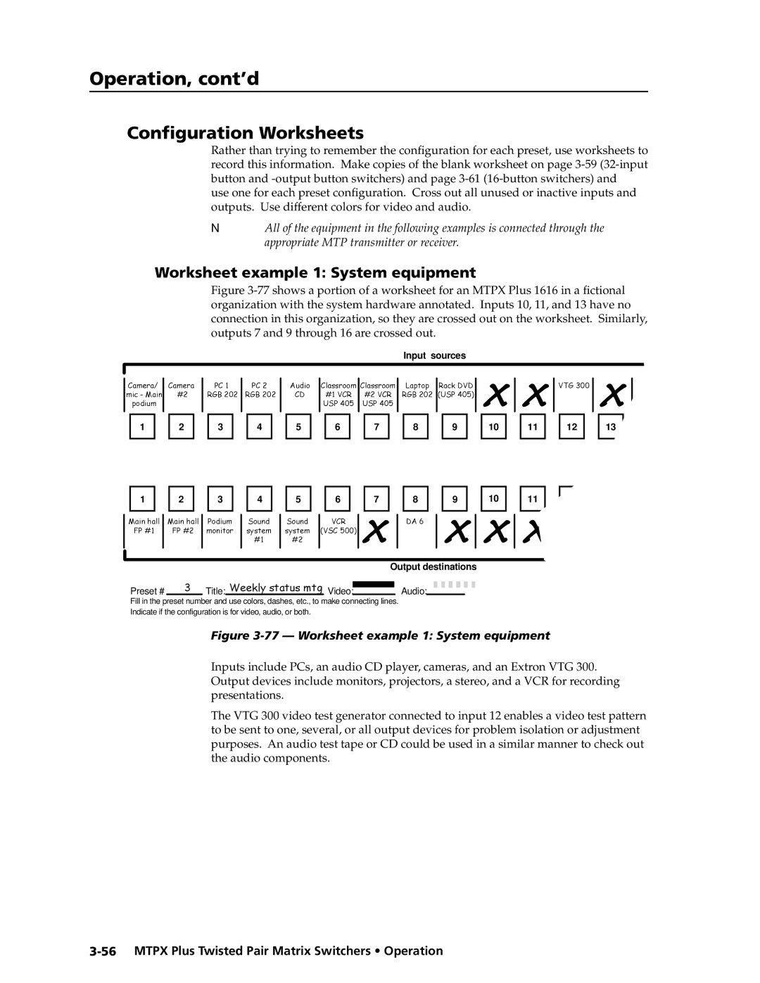 Extron electronic MTPX Plus Series manual Configuration Worksheets, Worksheet example 1 System equipment 