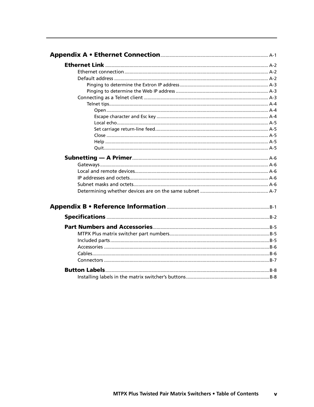 Extron electronic MTPX Plus Series manual Mtpx Plus Twisted Pair Matrix Switchers Table of Contents 