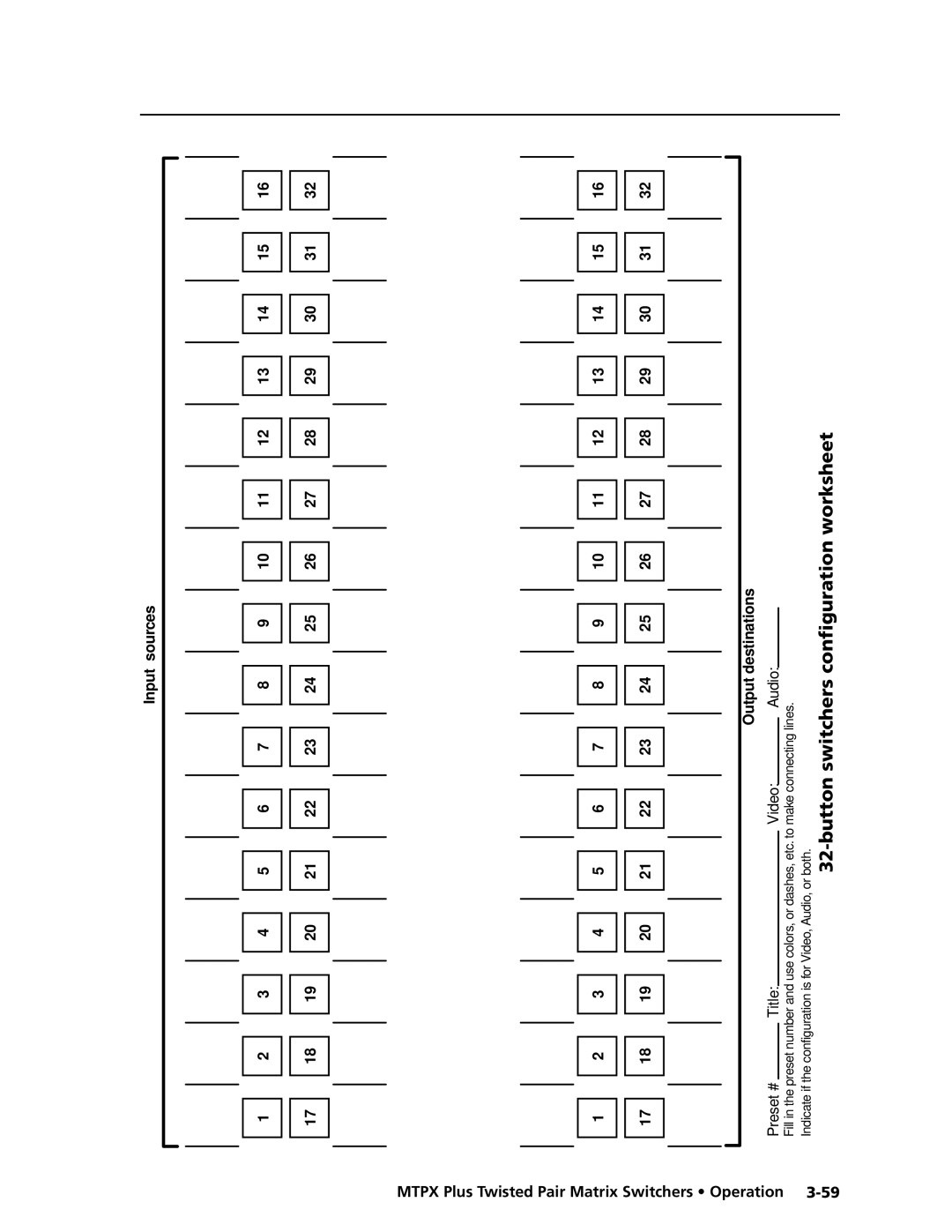 Extron electronic MTPX Plus Series manual Button switchers configuration worksheet, Preset # 