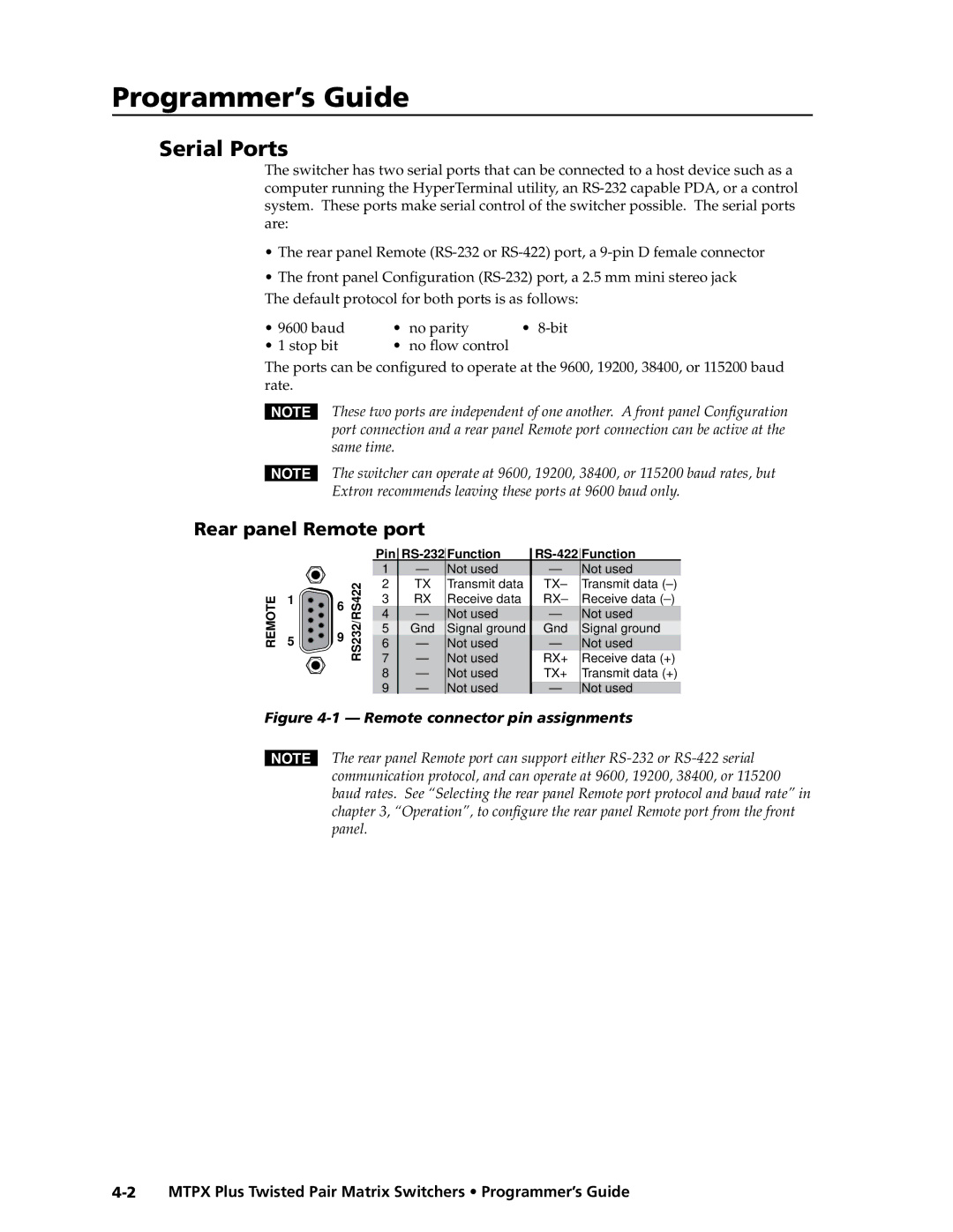 Extron electronic MTPX Plus Series Serial Ports, Rear panel Remote port, Default protocol for both ports is as follows 