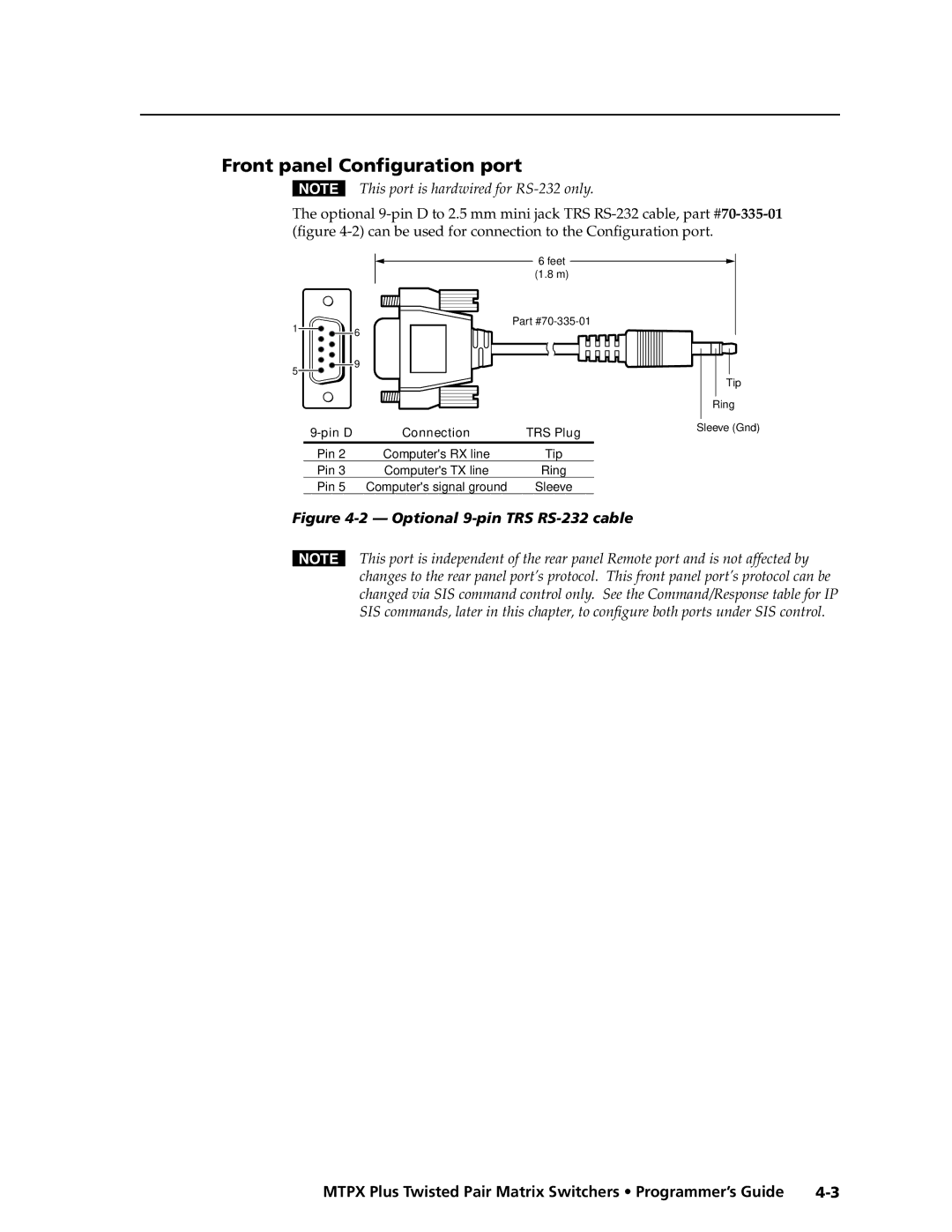 Extron electronic MTPX Plus Series manual Front panel Configuration port, This port is hardwired for RS-232 only 