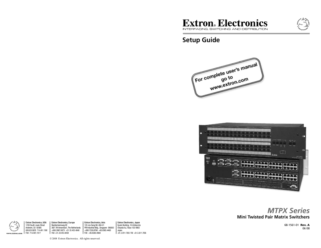 Extron electronic MTPX 1616, MTPX Series, MTPX 168, MTPX 3232 setup guide Setup Guide, Mini Twisted Pair Matrix Switchers 