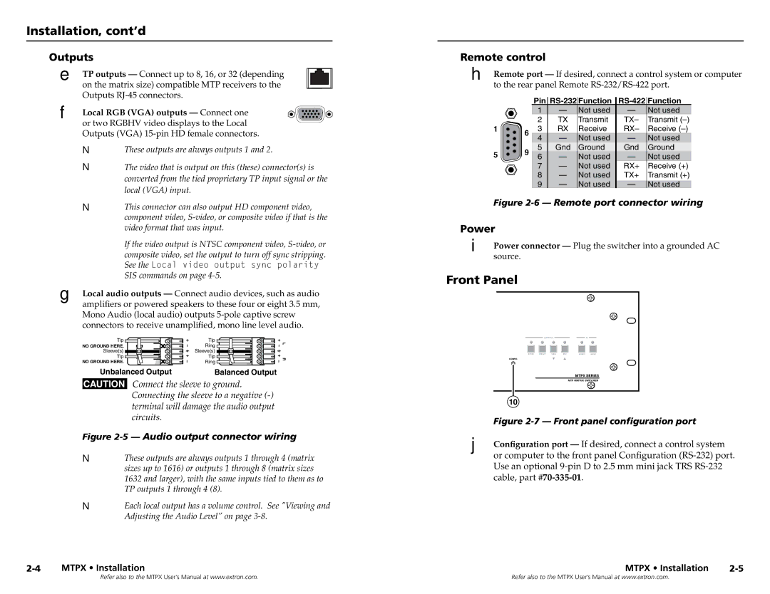 Extron electronic MTPX 3232, MTPX Series, MTPX 1616 Installation, cont’d, Front Panel, Outputs, Remote control, Power 