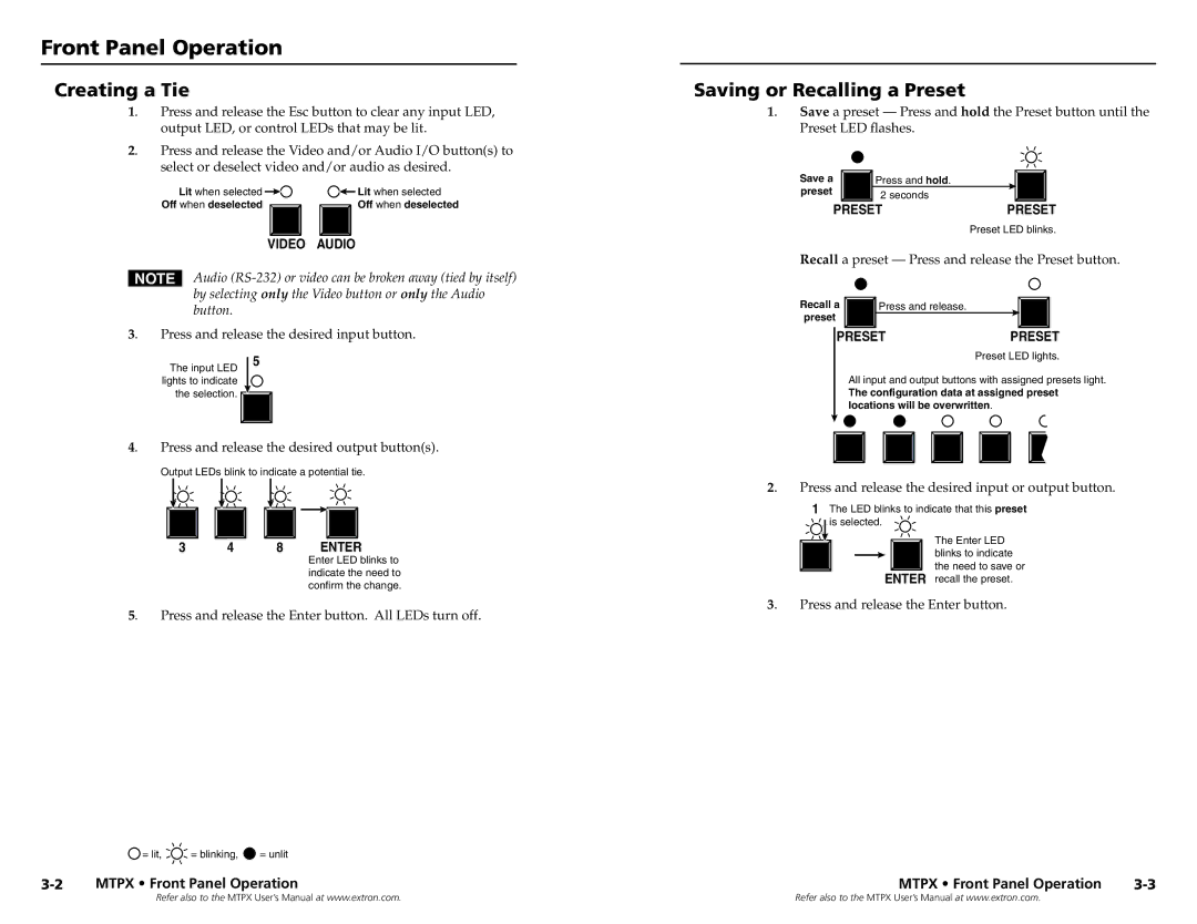 Extron electronic MTPX 3216, MTPX Series, MTPX 1616 Front Panel Operation, Creating a Tie, Saving or Recalling a Preset 