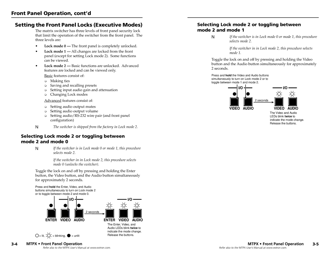 Extron electronic MTPX 1632, MTPX Series, MTPX 1616, MTPX 168 Selecting Lock mode 2 or toggling between mode 2 and mode 