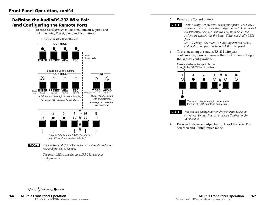 Extron electronic MTPX Series, MTPX 1616, MTPX 168, MTPX 3232, MTPX 816, MTPX 3216, MTPX 1632 Release the Control buttons 