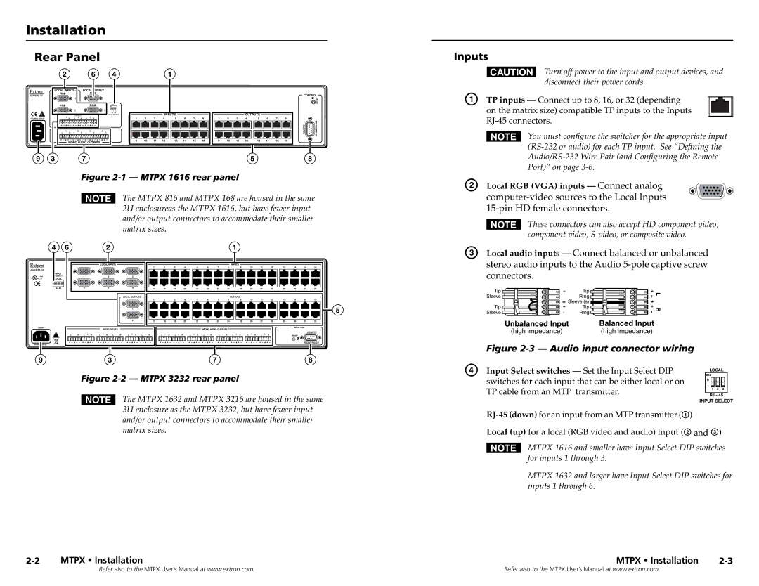 Extron electronic MTPX 168, MTPX Series, MTPX 1616, MTPX 3232, MTPX 816, MTPX 3216, MTPX 1632 Installation, Rear Panel, Inputs 