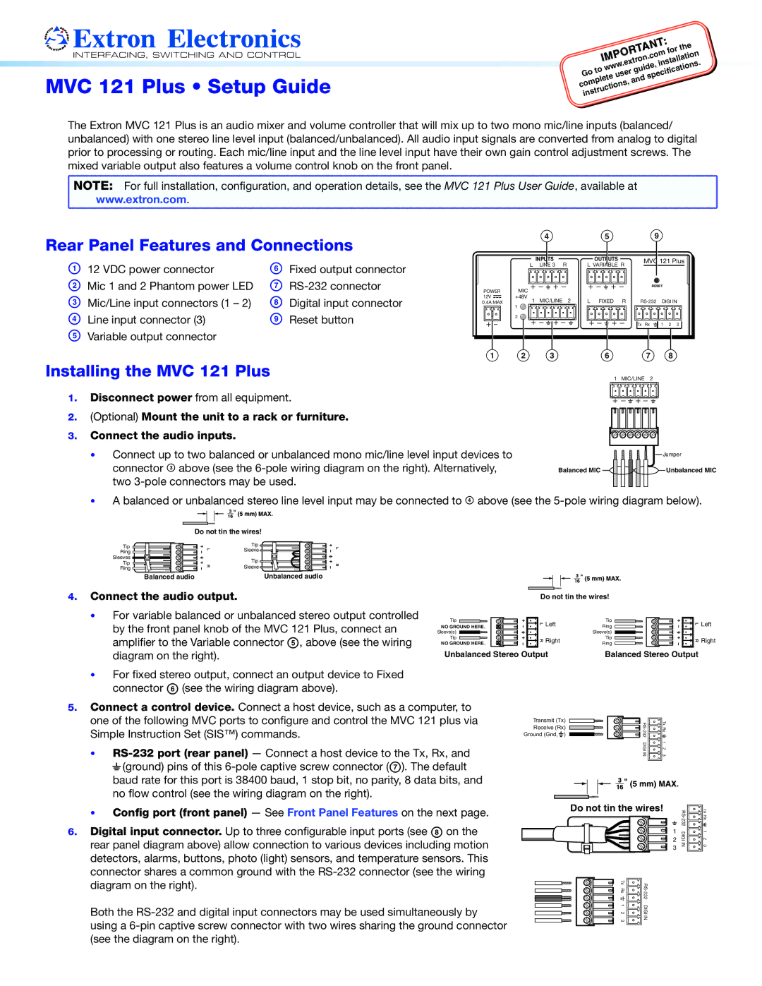 Extron electronic MVC 121 PLUS setup guide MVC 121 Plus Setup Guide, Rear Panel Features and Connections 