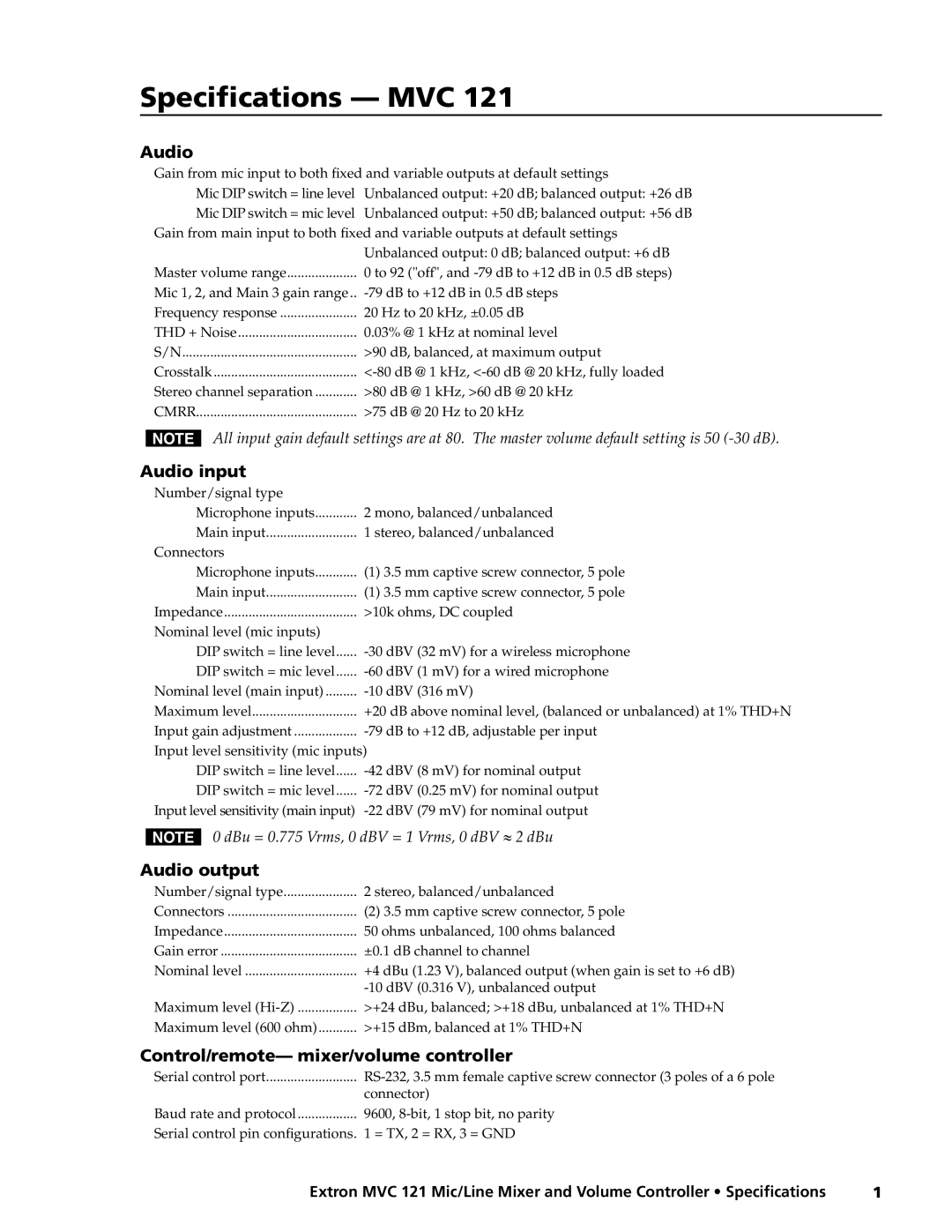 Extron electronic MVC 121 specifications Specifications MVC, Audio input, Audio output 