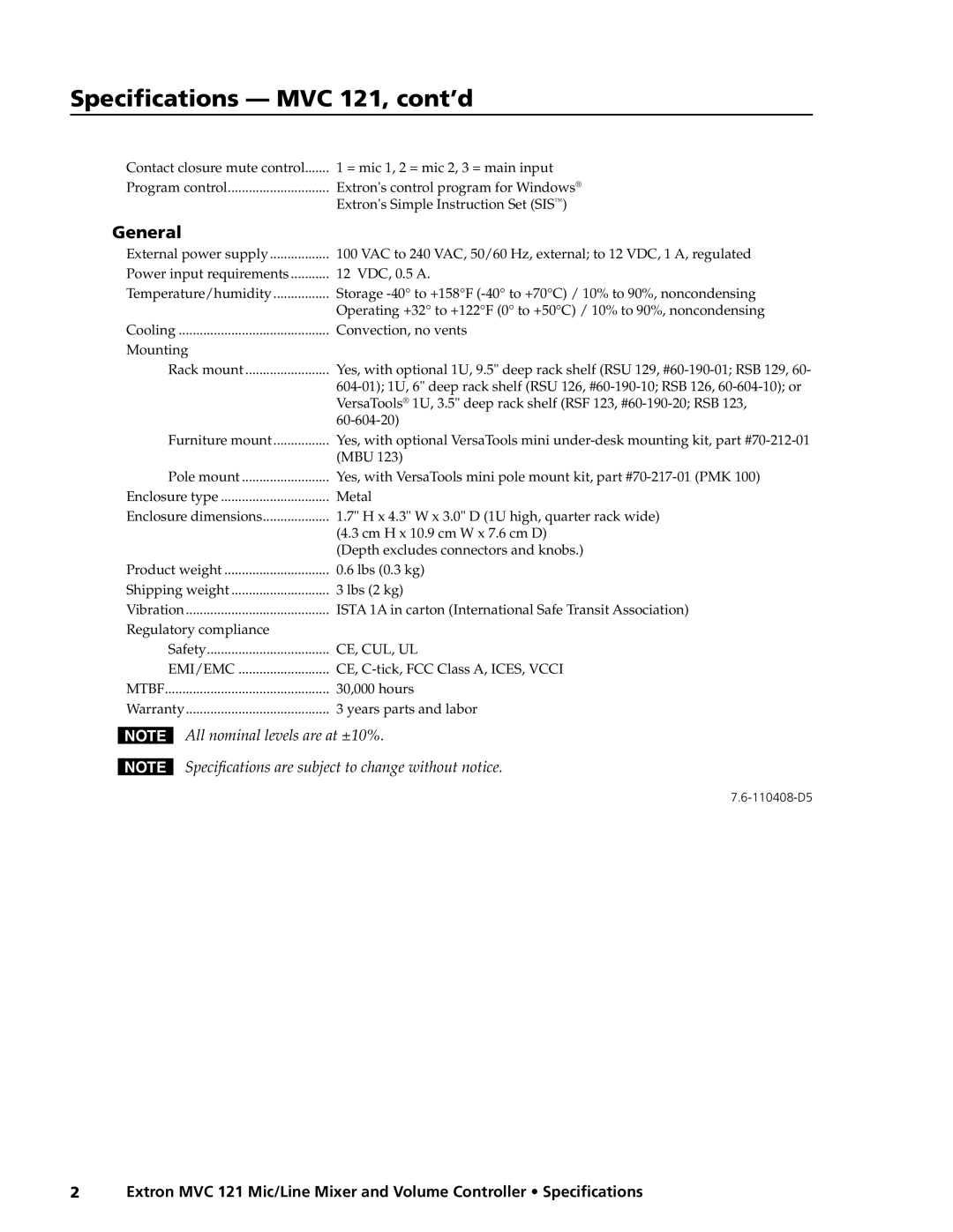 Extron electronic specifications Specifications MVC 121, cont’d, General 