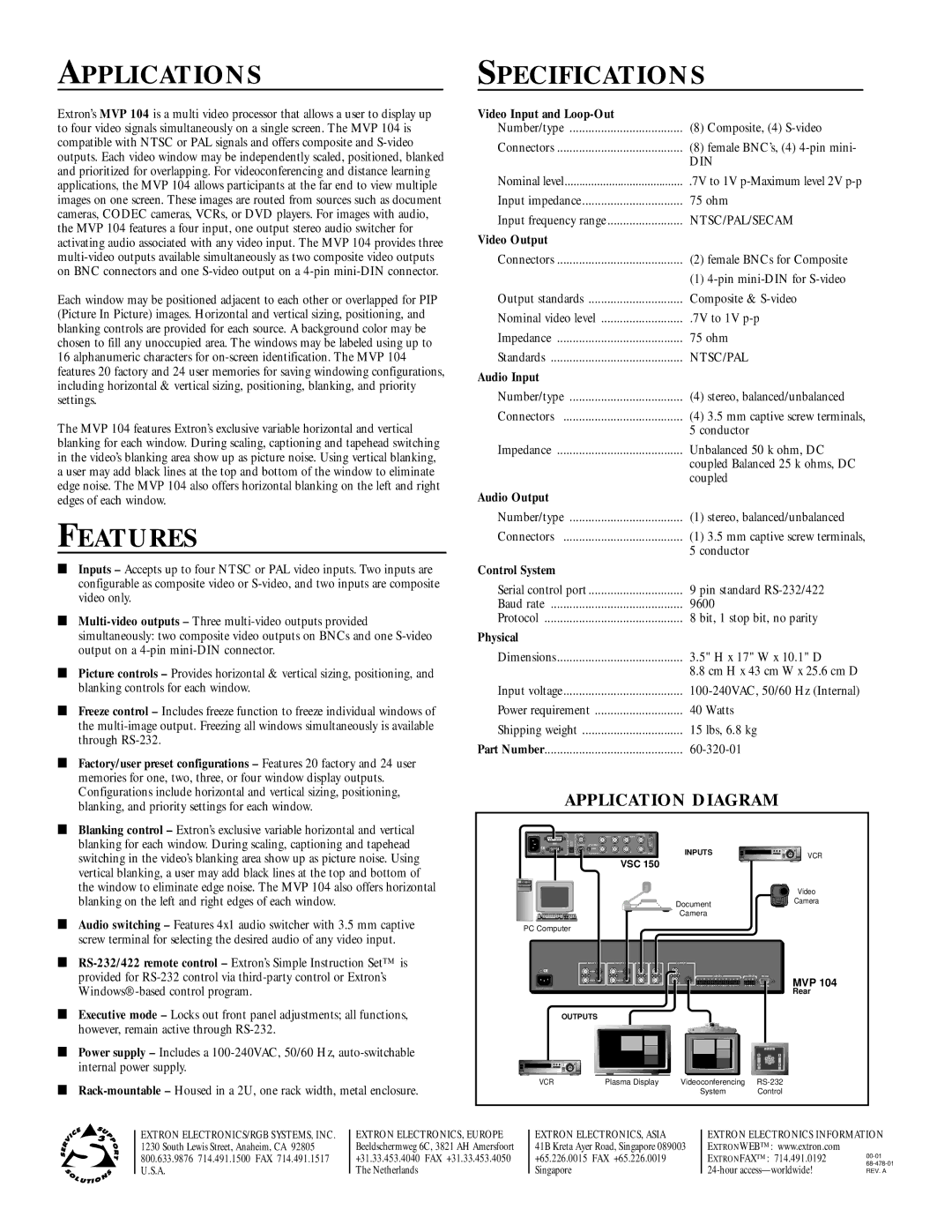 Extron electronic MVP 104 manual Applications, Features, Specifications 