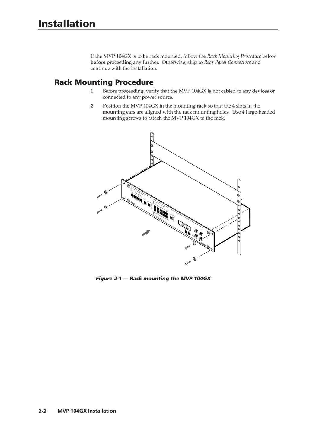 Extron electronic manual Rack Mounting Procedure, MVP 104GX Installation 