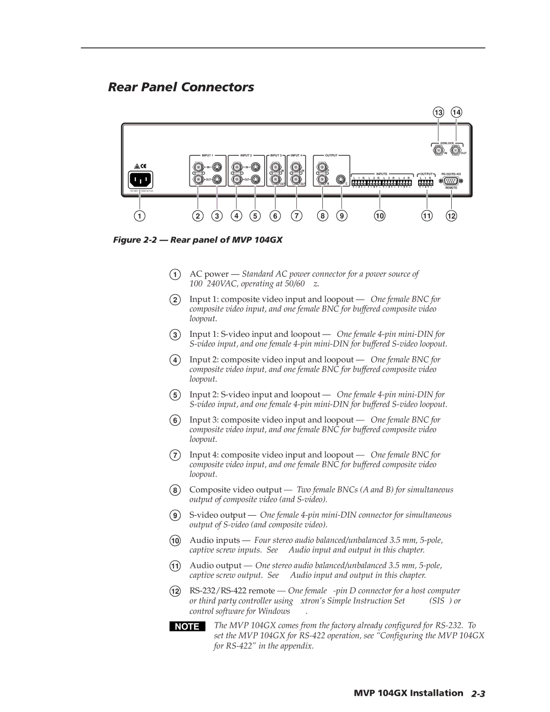 Extron electronic manual Rear Panel Connectors, Rear panel of MVP 104GX 