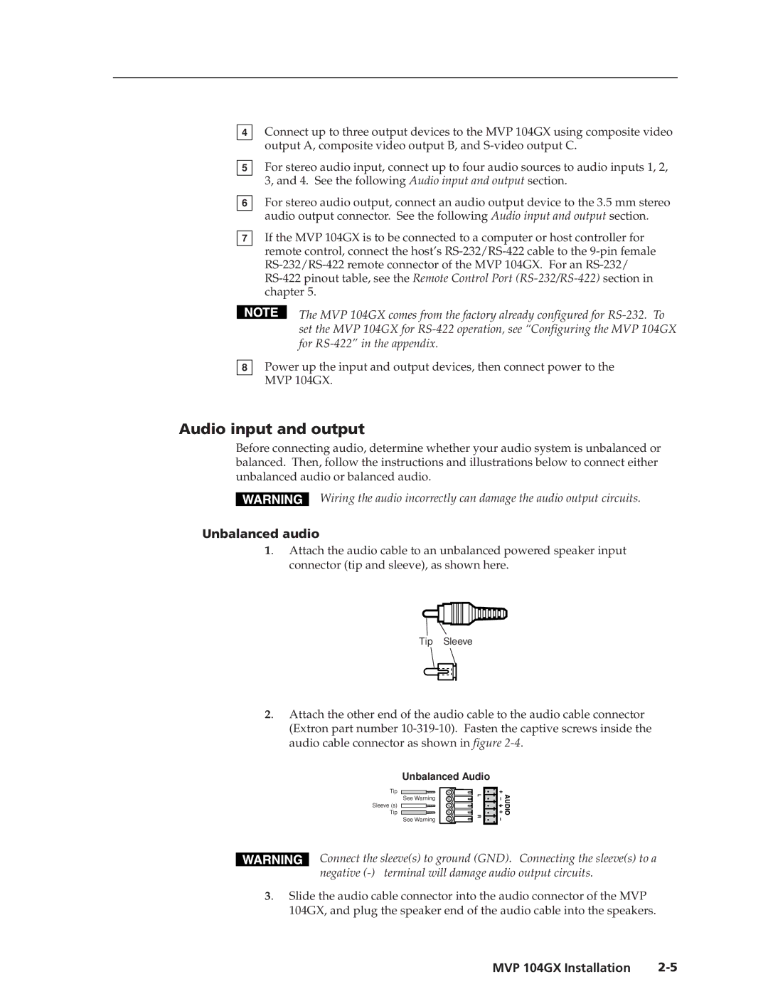 Extron electronic MVP 104GX manual Audio input and output, Unbalanced audio 