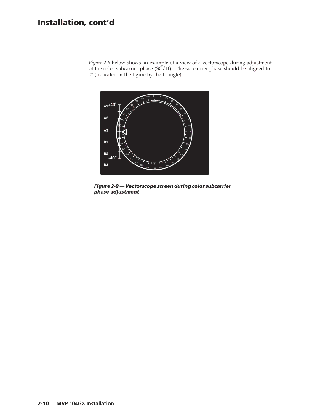 Extron electronic MVP 104GX manual Vectorscope screen during color subcarrier phase adjustment 