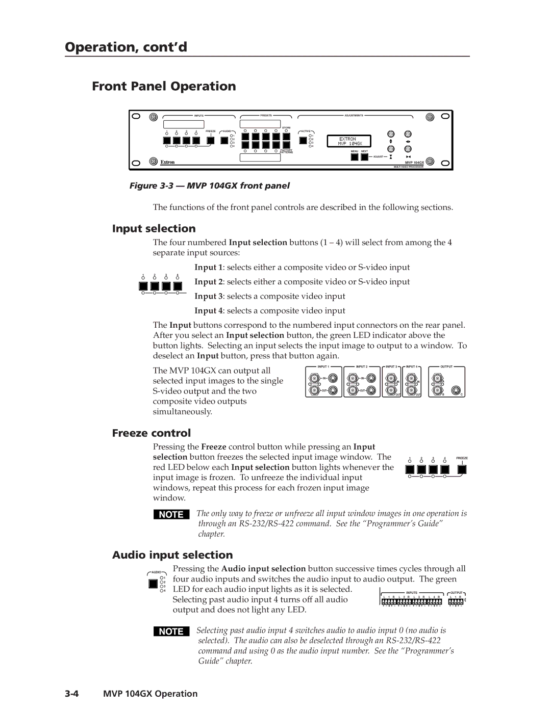 Extron electronic MVP 104GX manual Front Panel Operation, Input selection, Freeze control, Audio input selection 