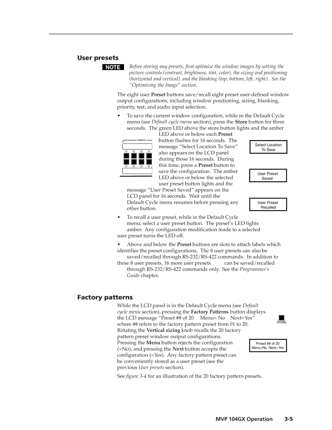 Extron electronic MVP 104GX manual User presets, Factory patterns 