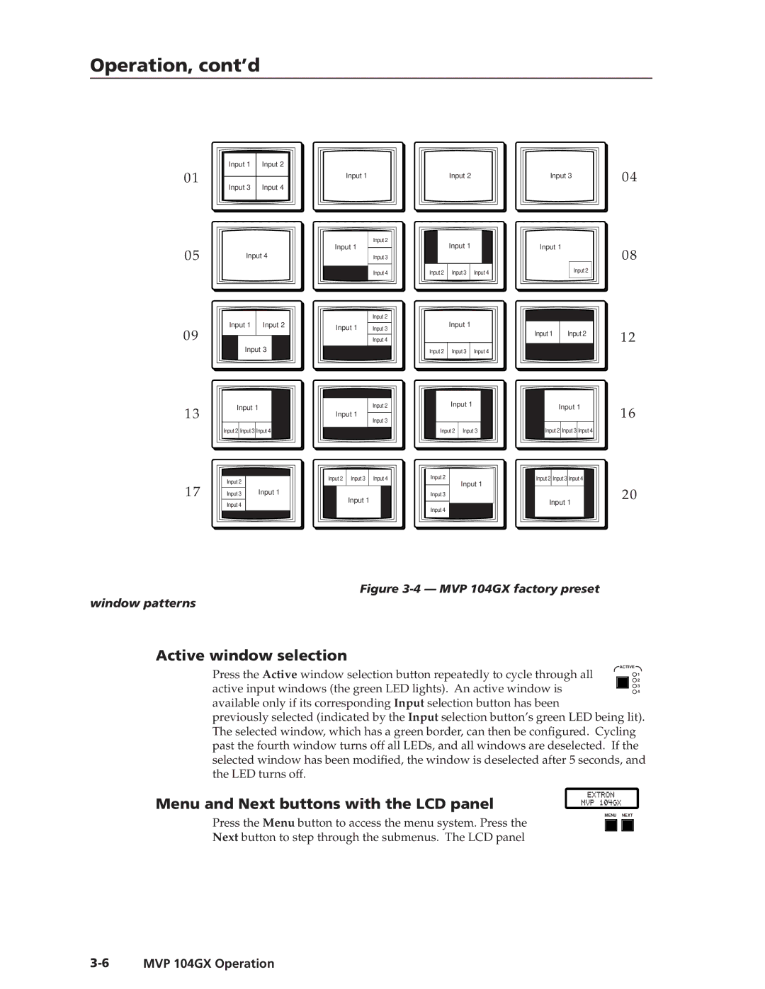 Extron electronic MVP 104GX manual Active window selection, Menu and Next buttons with the LCD panel 