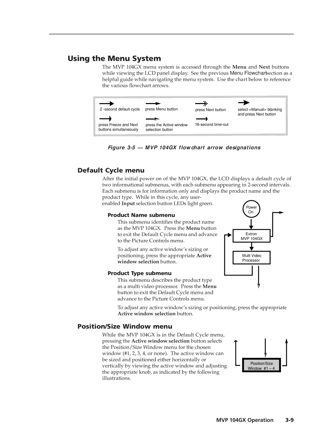 Extron electronic MVP 104GX Using the Menu System, Default Cycle menu, Position/Size Window menu, Product Name submenu 