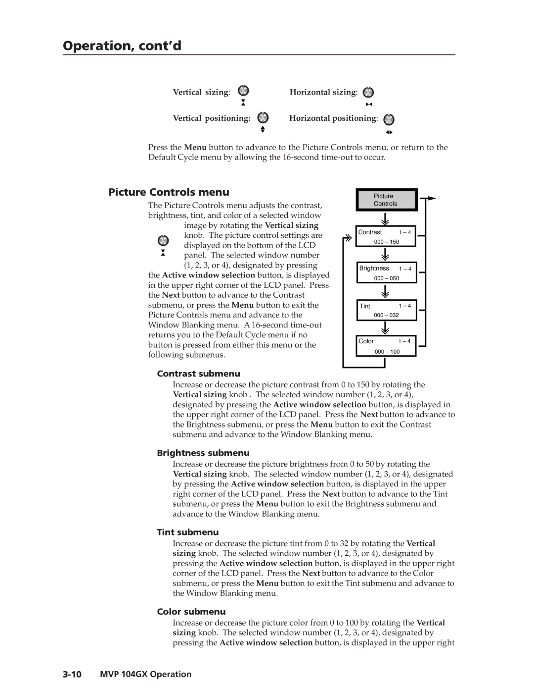 Extron electronic MVP 104GX manual Picture Controls menu, Contrast submenu, Brightness submenu, Tint submenu, Color submenu 