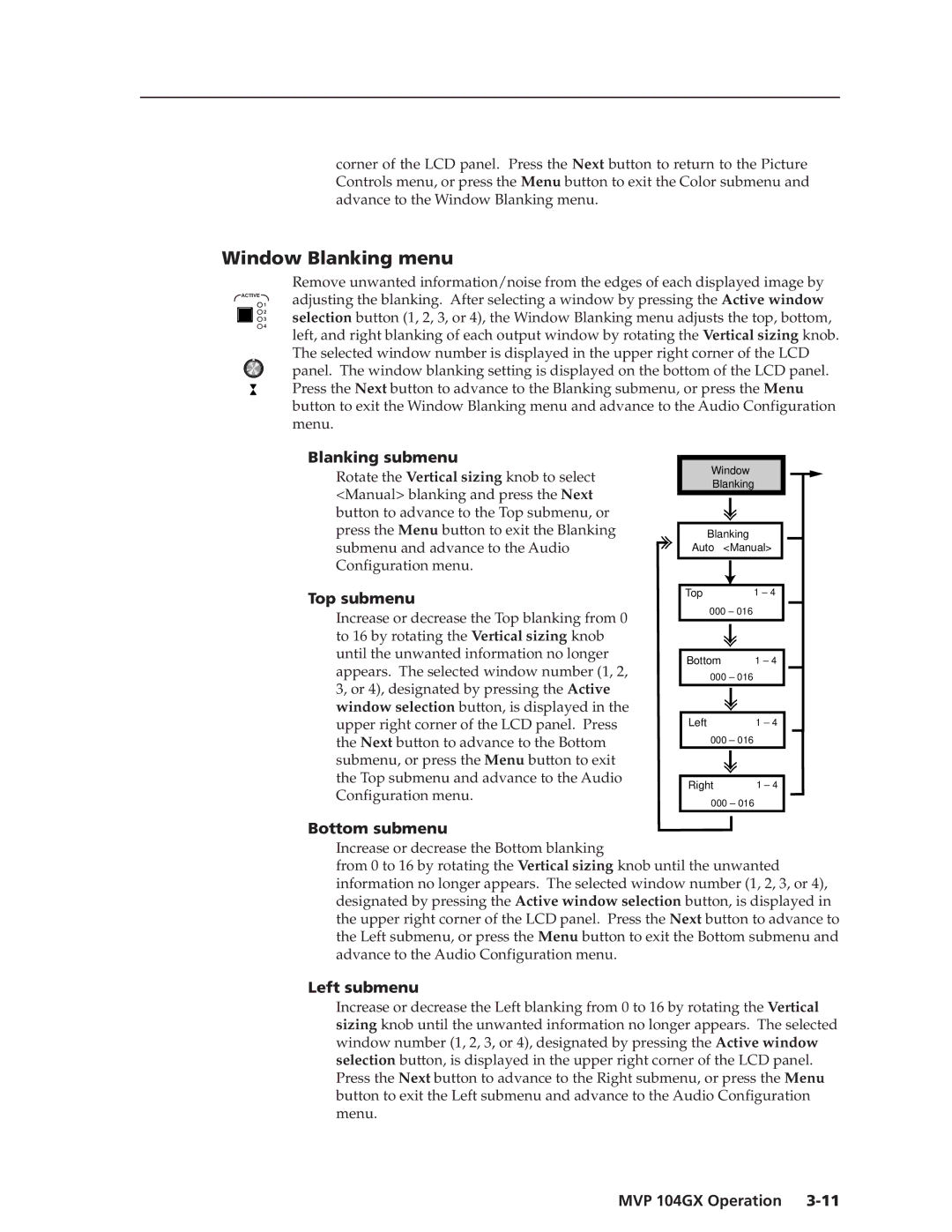 Extron electronic MVP 104GX manual Window Blanking menu, Blanking submenu, Top submenu, Bottom submenu, Left submenu 