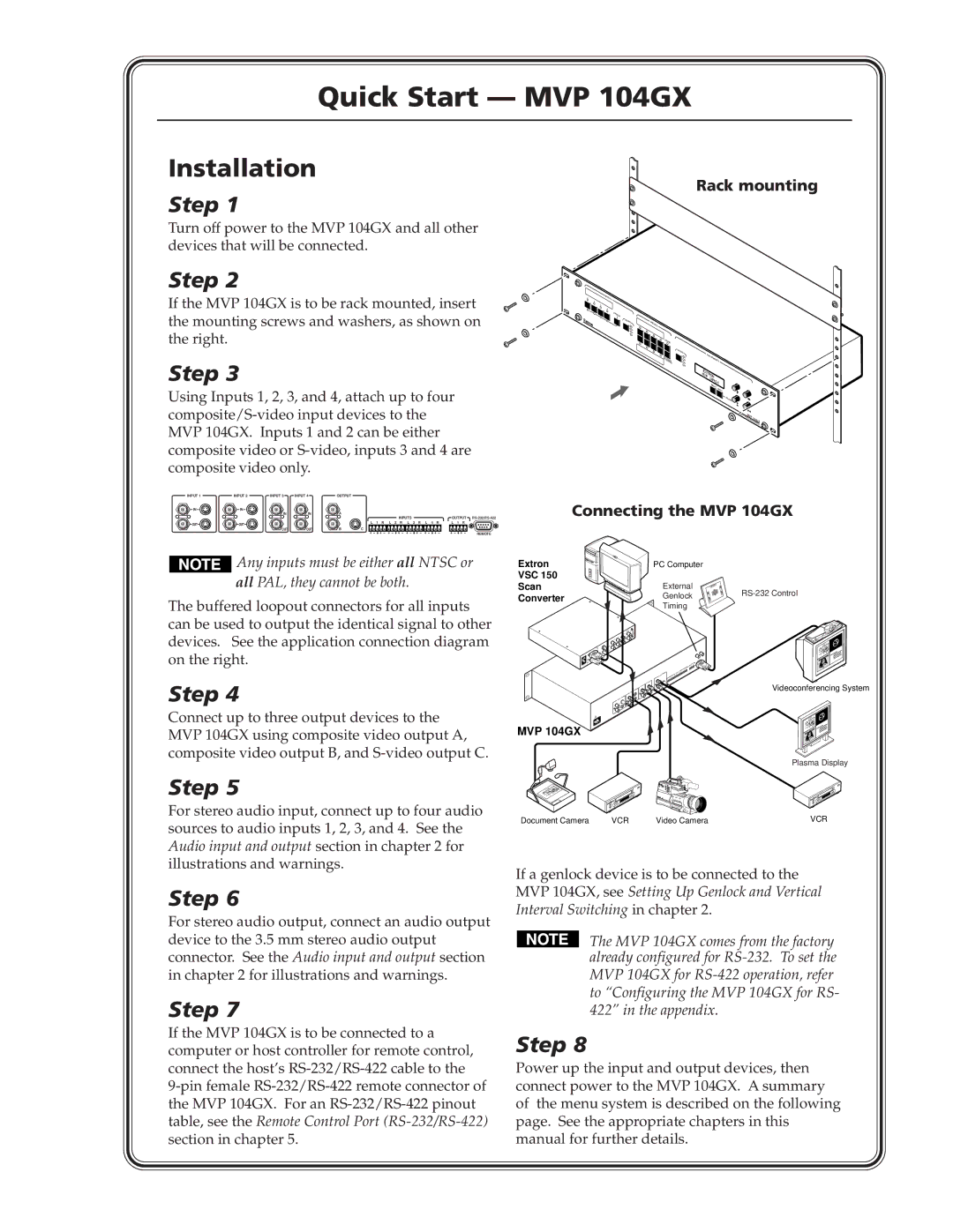 Extron electronic manual Quick Start MVP 104GX, Rack mounting, Connecting the MVP 104GX 