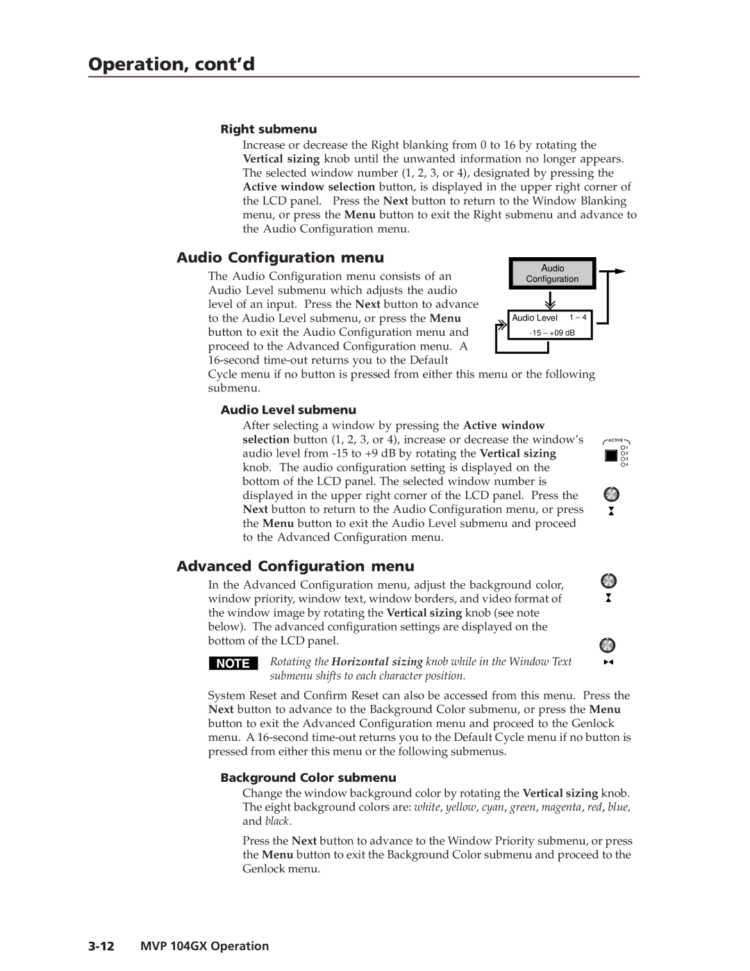 Extron electronic MVP 104GX Audio Configuration menu, Advanced Configuration menu, Right submenu, Audio Level submenu 