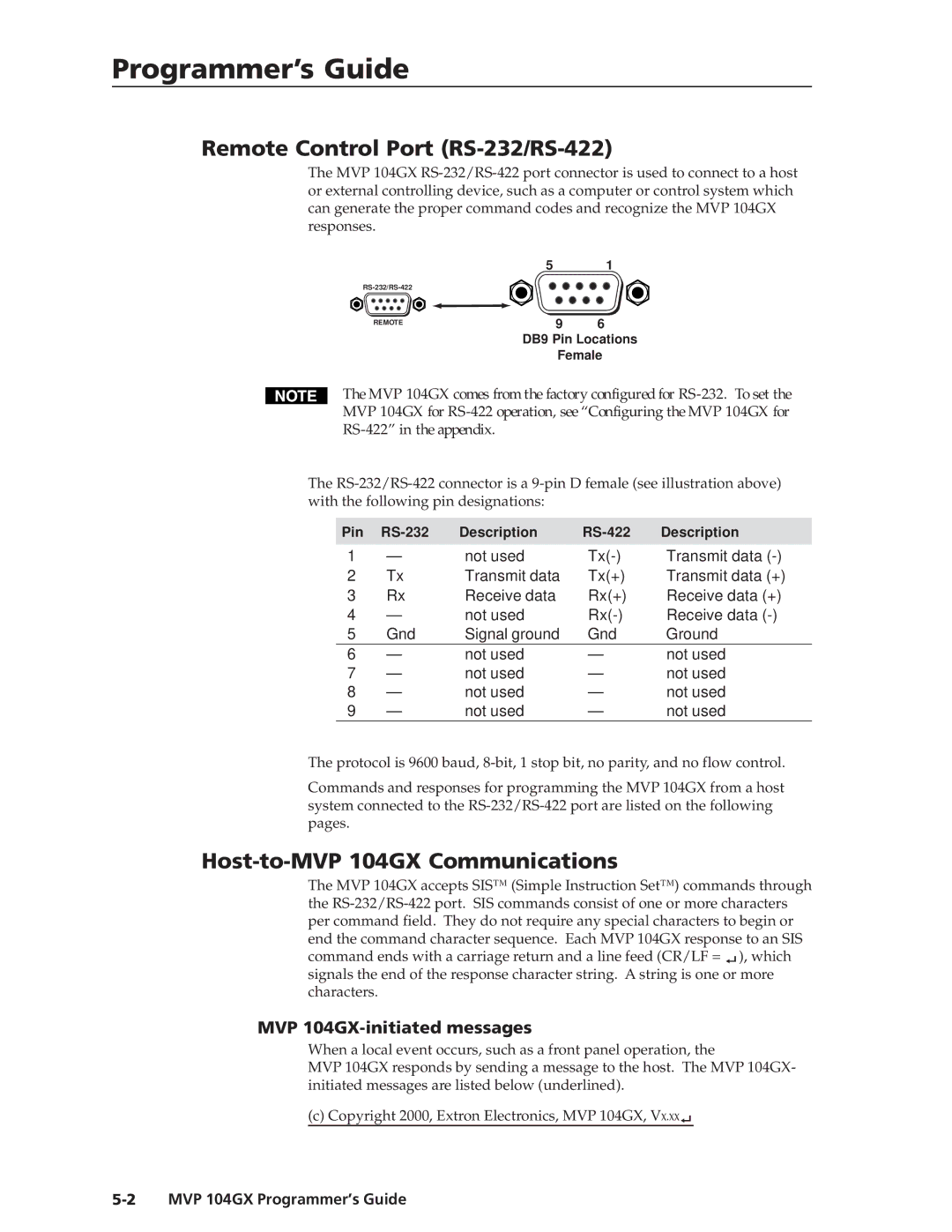 Extron electronic manual Programmer’s Guide, Remote Control Port RS-232/RS-422, Host-to-MVP 104GX Communications 