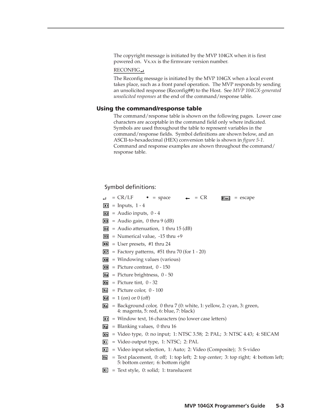 Extron electronic MVP 104GX manual Using the command/response table, Reconfig 