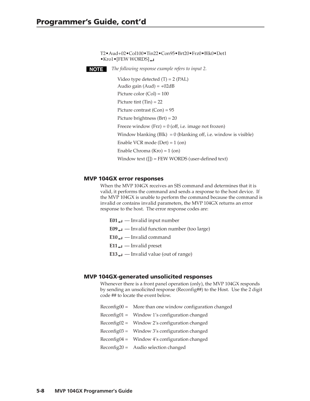 Extron electronic manual MVP 104GX error responses, MVP 104GX-generated unsolicited responses 