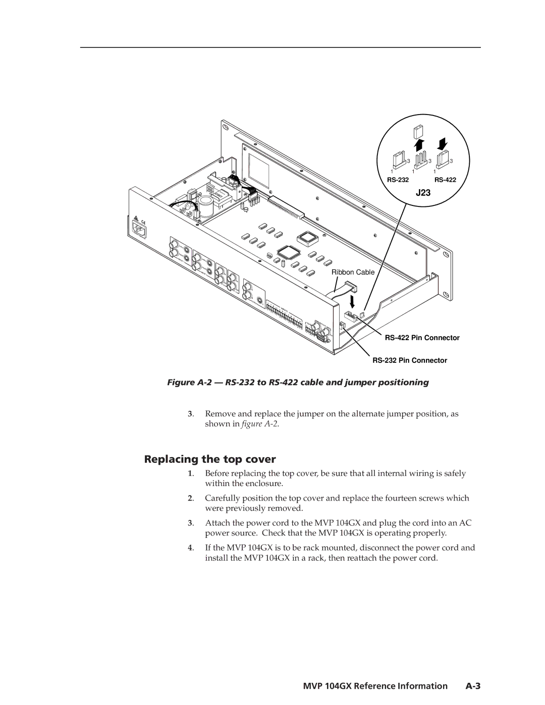 Extron electronic manual Replacing the top cover, MVP 104GX Reference Information A-3 