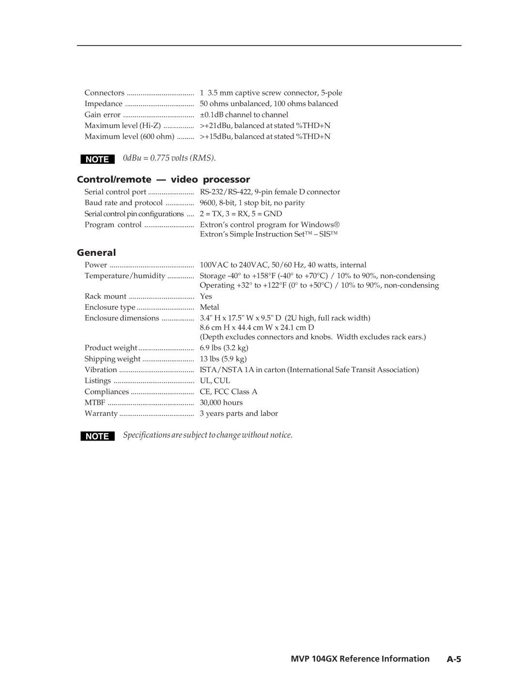 Extron electronic manual Control/remote video processor, General, MVP 104GX Reference Information A-5 