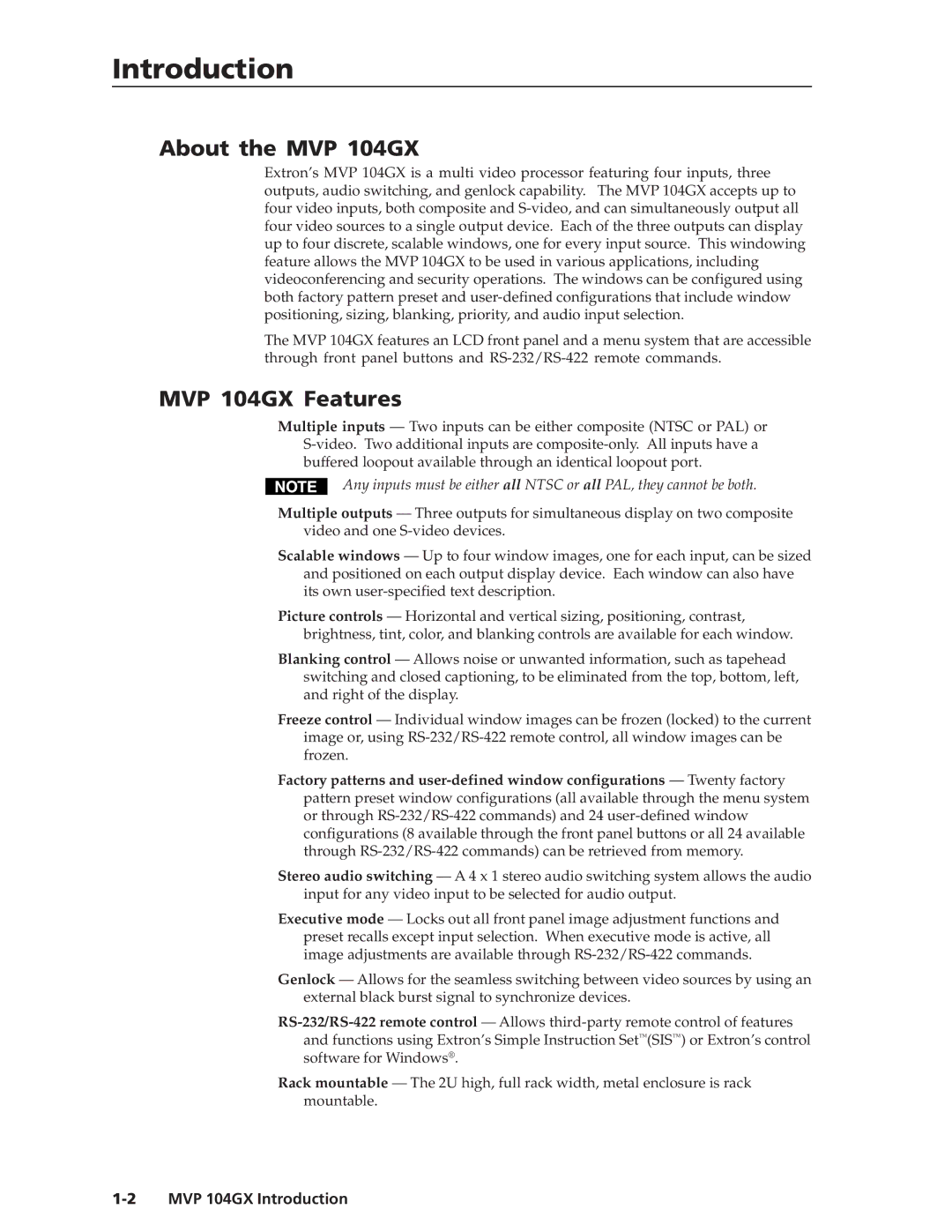 Extron electronic manual About the MVP 104GX, MVP 104GX Features, MVP 104GX Introduction 