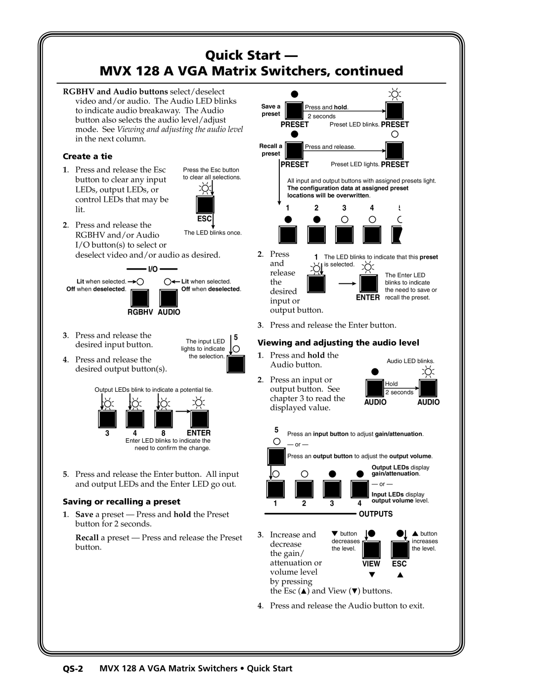 Extron electronic MVX 128 manual Create a tie, Saving or recalling a preset, Viewing and adjusting the audio level 