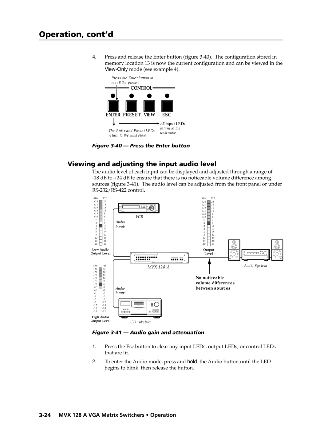 Extron electronic MVX 128 manual Viewing and adjusting the input audio level, Press the Enter button 