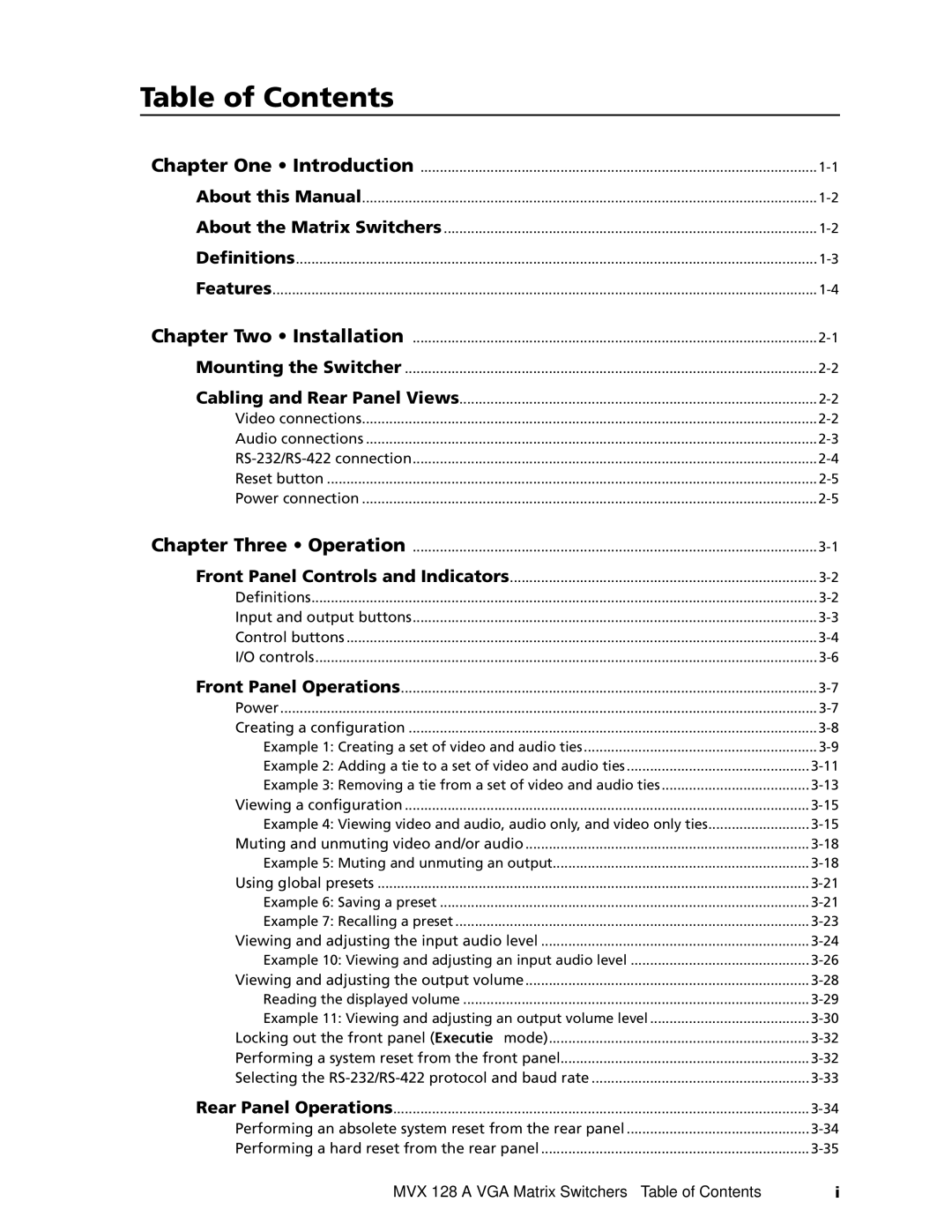 Extron electronic MVX 128 manual Table of Contents 