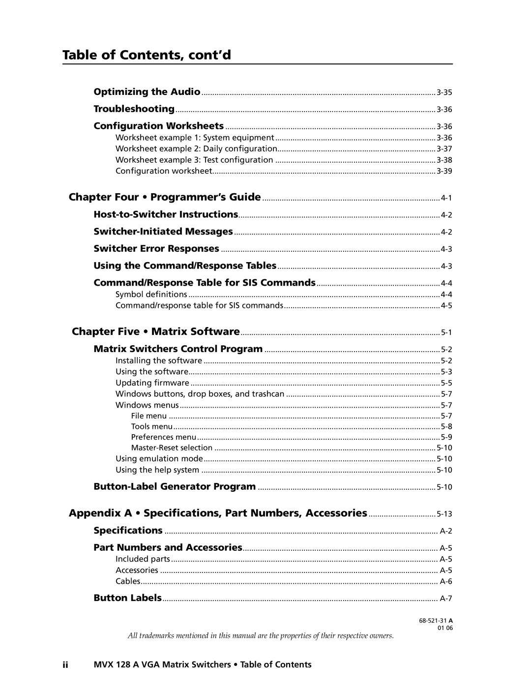 Extron electronic MVX 128 manual Table of Contents, cont’d 