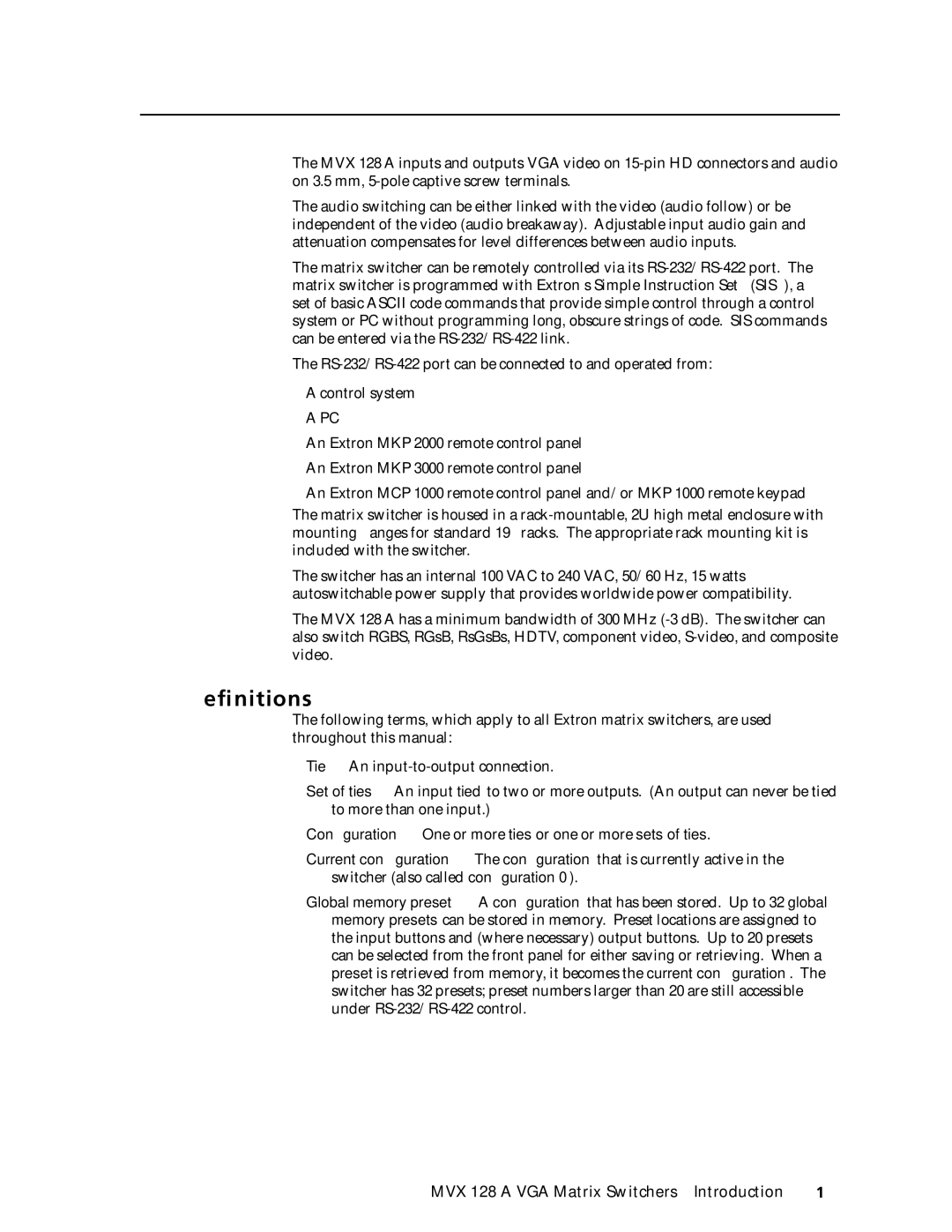 Extron electronic MVX 128 manual Deﬁnitions 