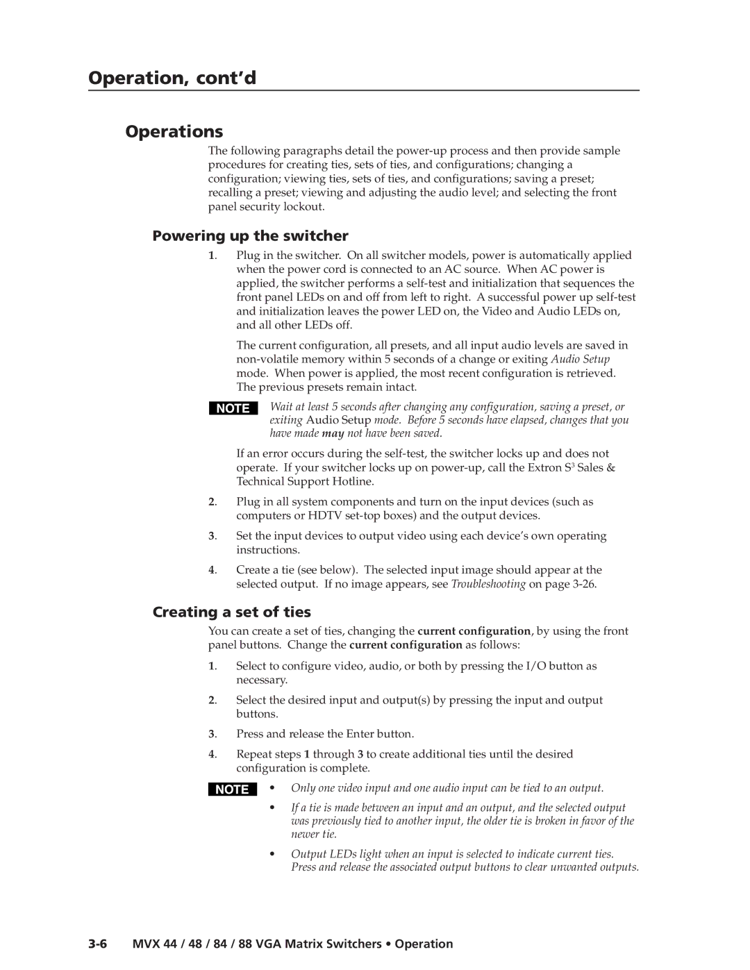 Extron electronic MVX 48, MVX 88, MVX 44, MVX 84 manual Operations, Powering up the switcher, Creating a set of ties 
