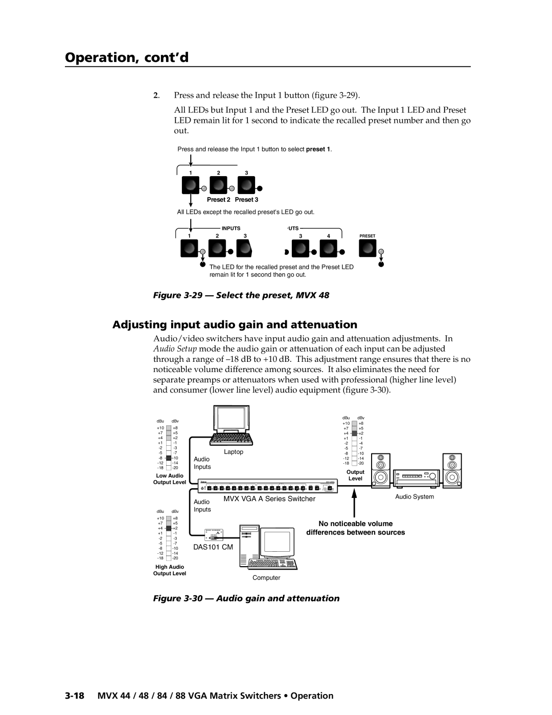 Extron electronic MVX 48, MVX 88 Adjusting input audio gain and attenuation, Press and release the Input 1 button figure 