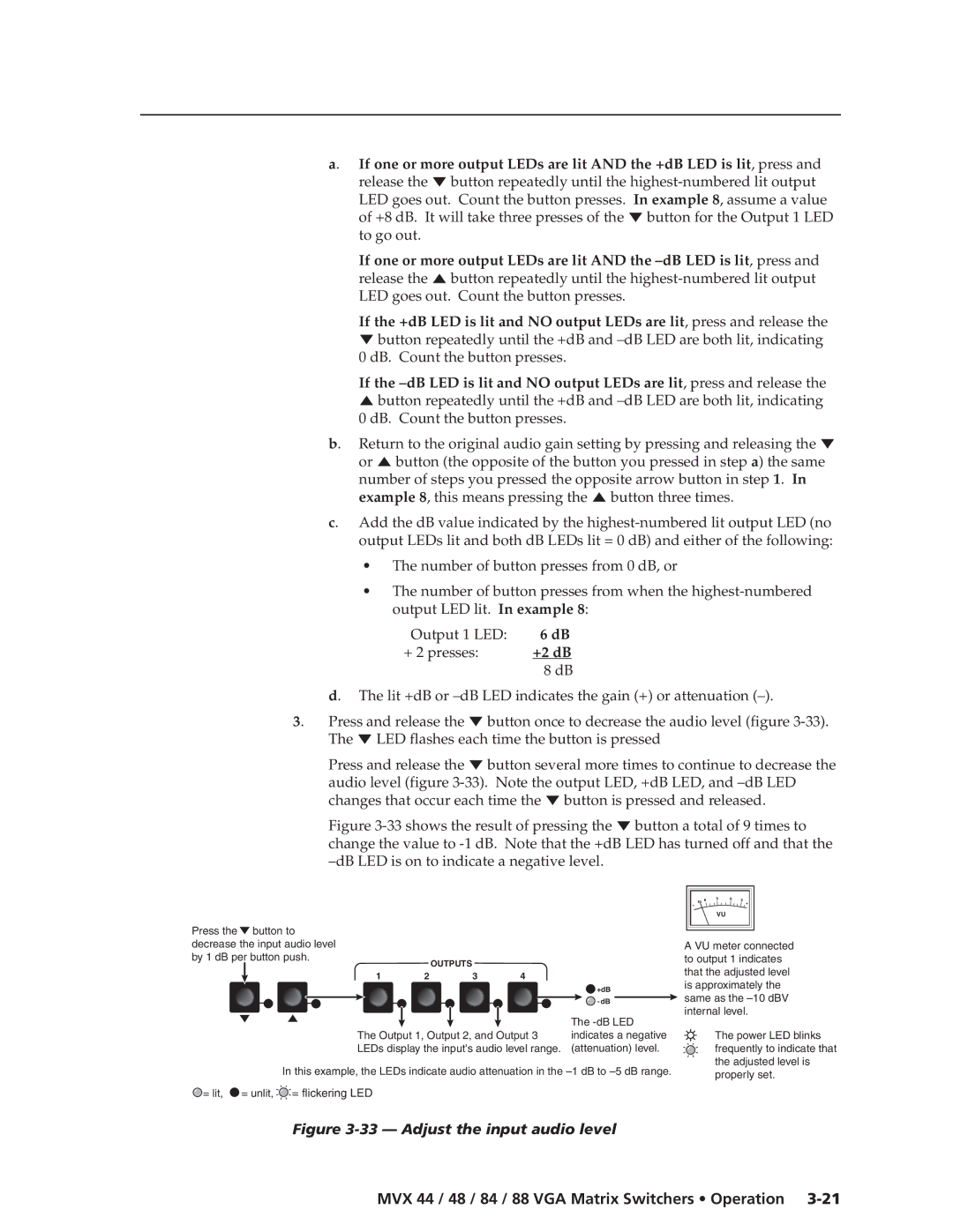 Extron electronic MVX 44, MVX 88, MVX 48, MVX 84 manual +2 dB, Lit +dB or -dB LED indicates the gain + or attenuation 