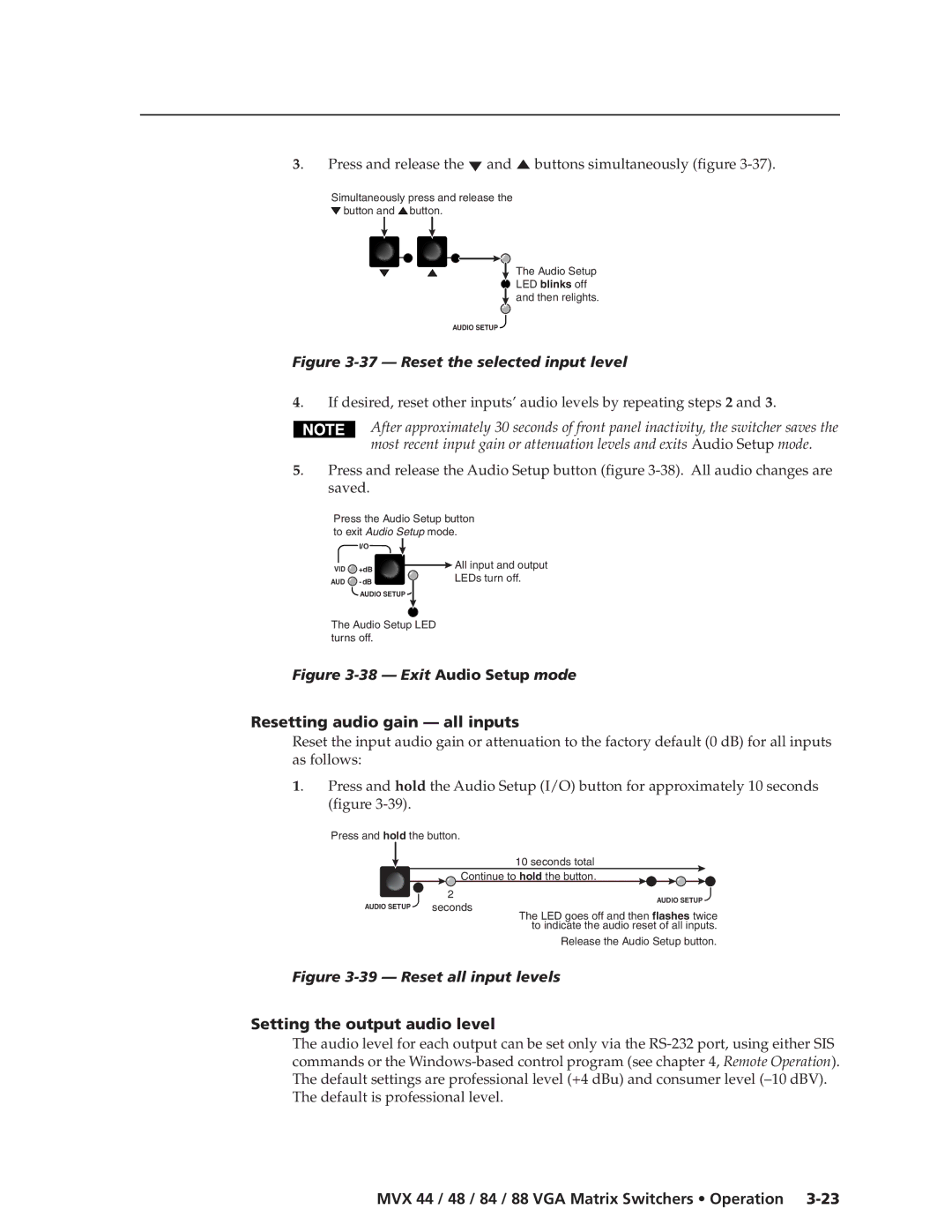 Extron electronic MVX 84, MVX 88 Press and release the and buttons simultaneously figure, Resetting audio gain all inputs 